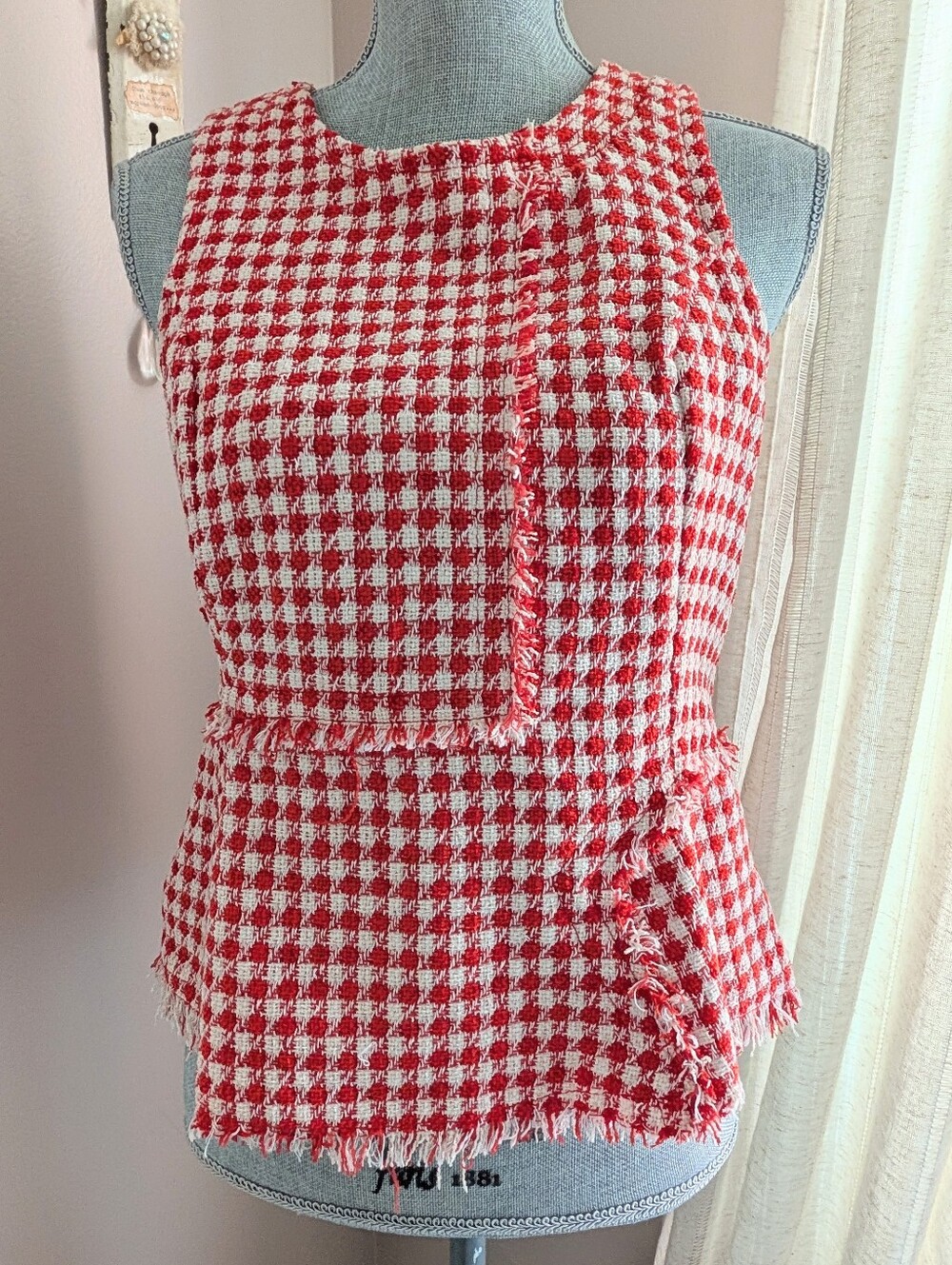 Anthropologie Maeve Red and White Gingham Fringe Peplum Top